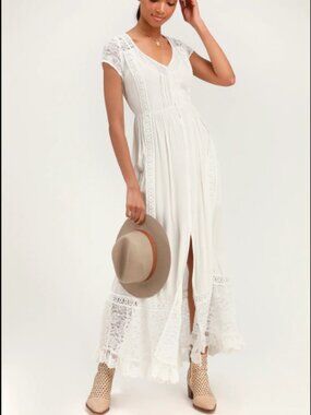 Band of Gypsies Bermuda Ivory Lace Maxi Dress XS Boho Bridal Beach Wedding
